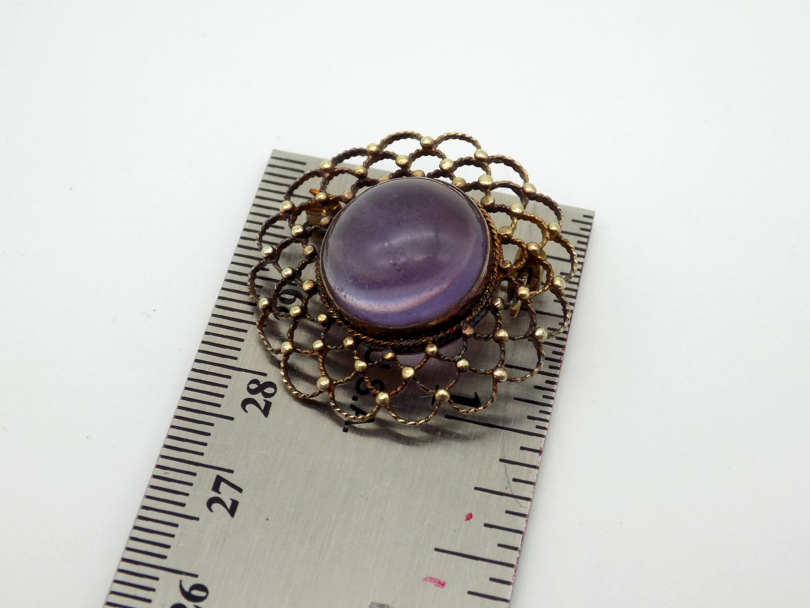 Sterling Silver Purple Amethyst Cabochon Brooch Ornate Woven Gold Vermeil