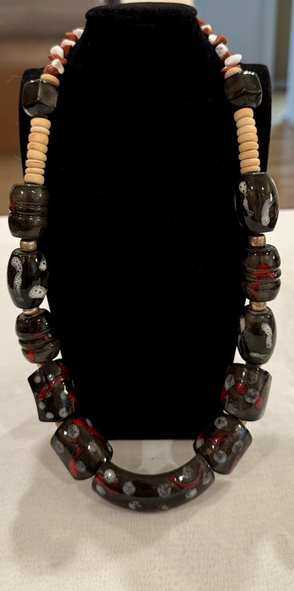 Vintage Artisan Ceramic Pottery Bead Necklace with Wood and Natural Stone Chips