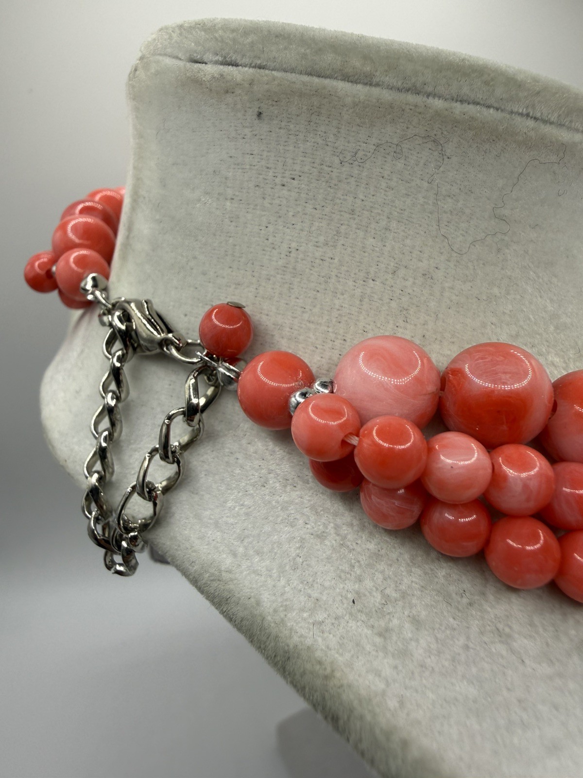 Vintage Pink Coral Orange Marbled Lucite Bead Necklace Multi Strand Statement