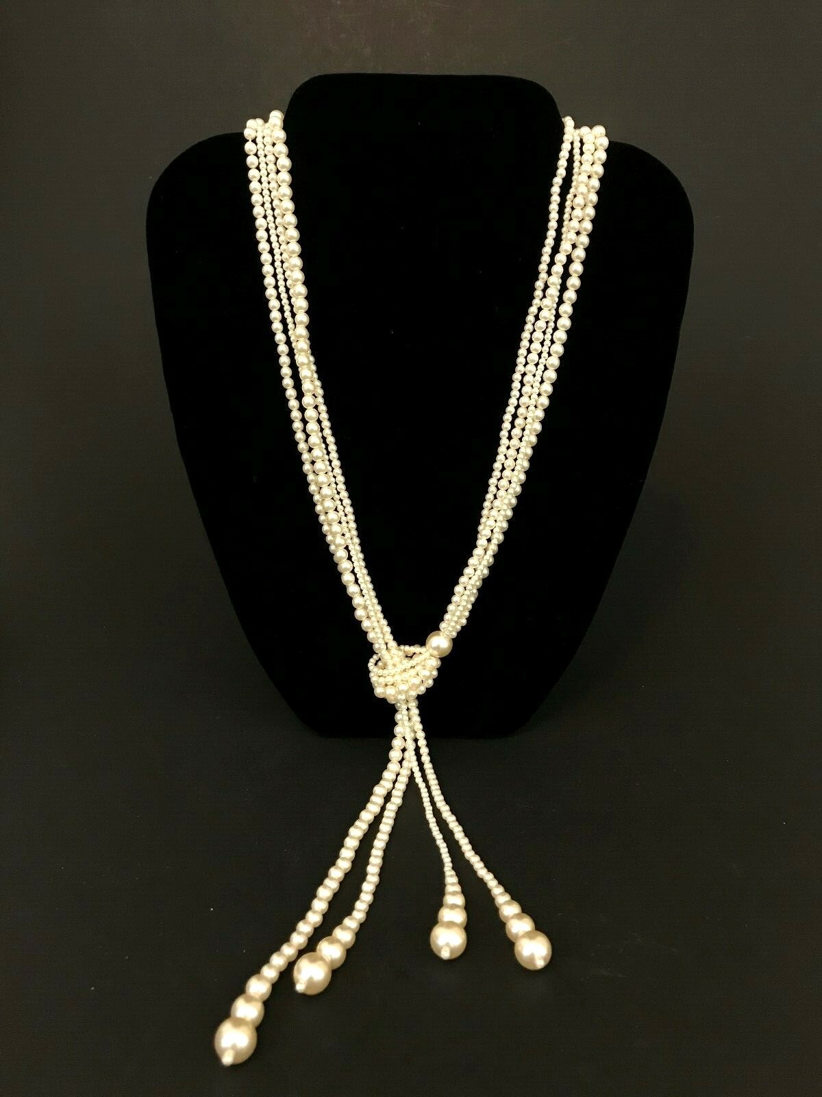 Stunning 4-Strand Multi Size Faux Pearls Adjustable Wrap Tassel Lariat Necklace