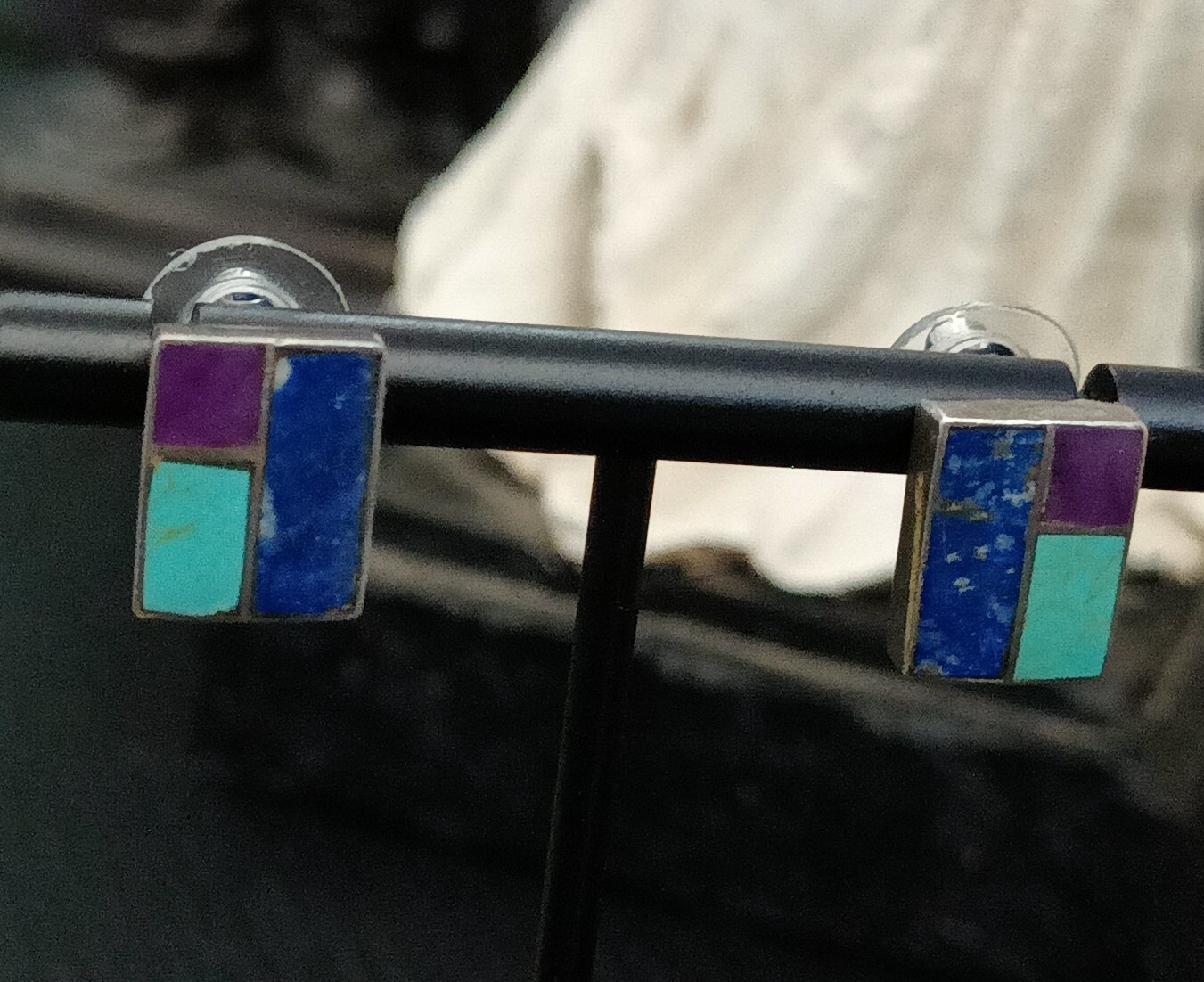 Turquoise Sterling Silver Purple Blue Stud Vintage Earrings. Backs Not Sterling