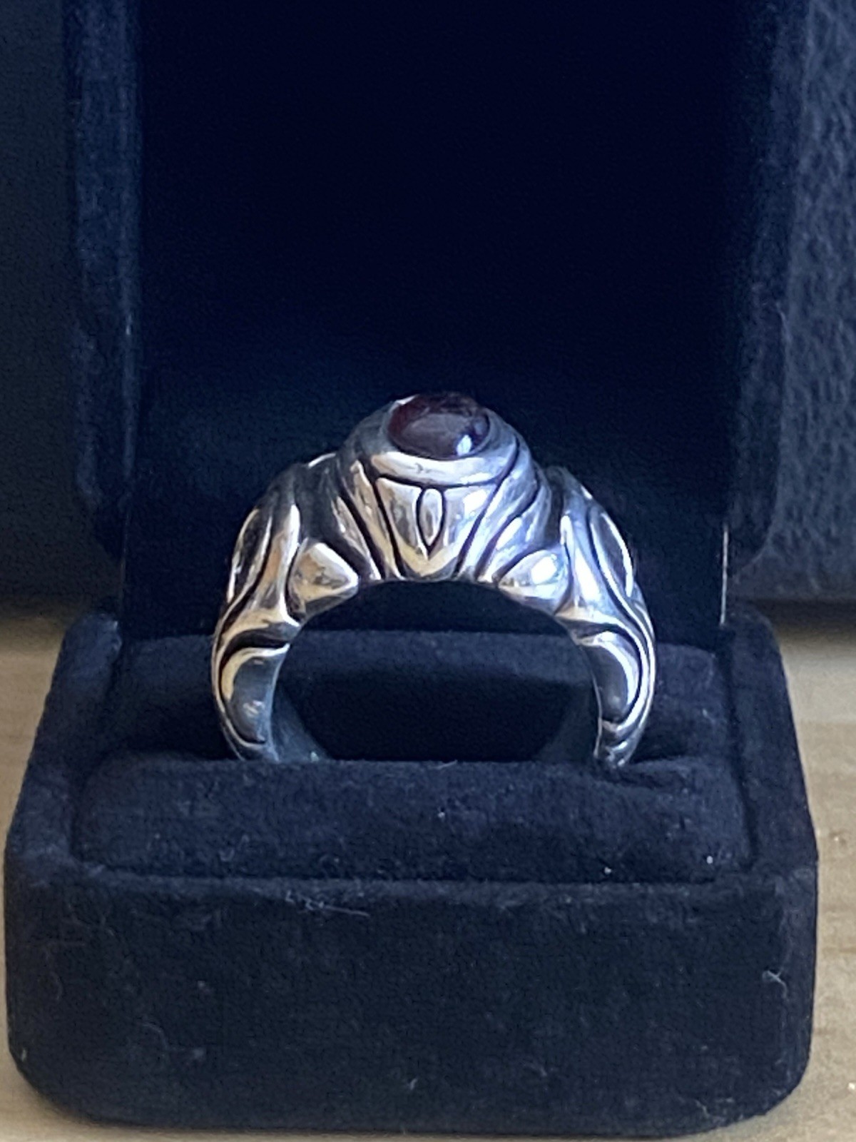 Vintage Heavy Sterling Silver Ring 18 DWT Deep Red Garnet Cabochon Stone