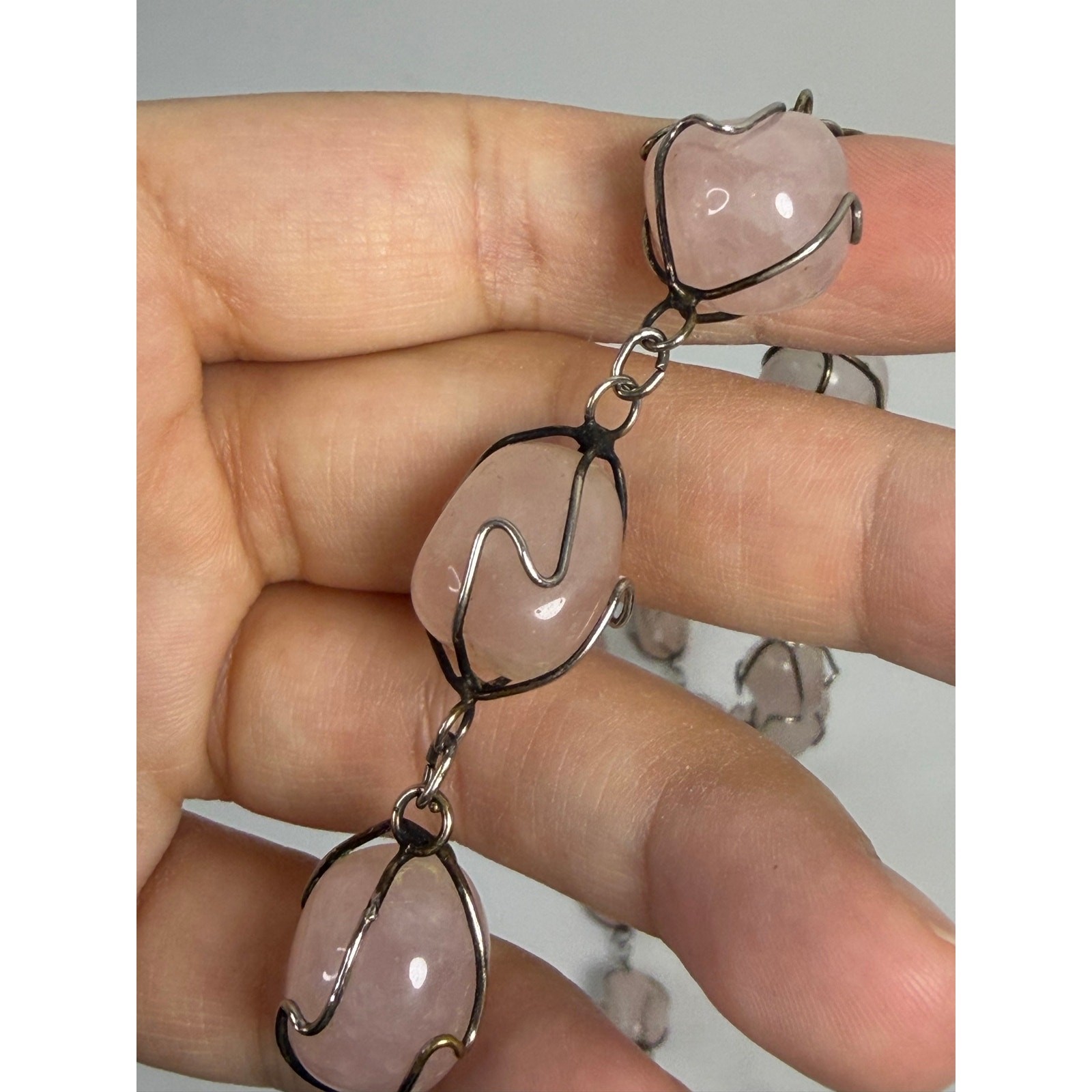 Vintage Pink Rose Quartz Caged Stone Bead Necklace Jewelry Wired 36in