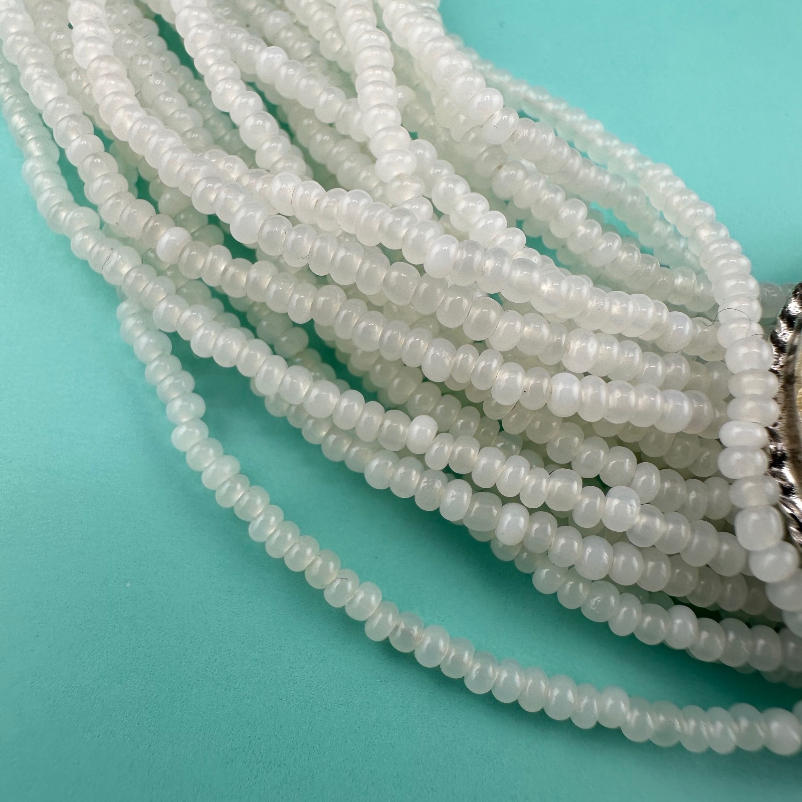 Vintage Seed Bead Opalite Necklace Multi Strand Large Oval Station Pendant 17″