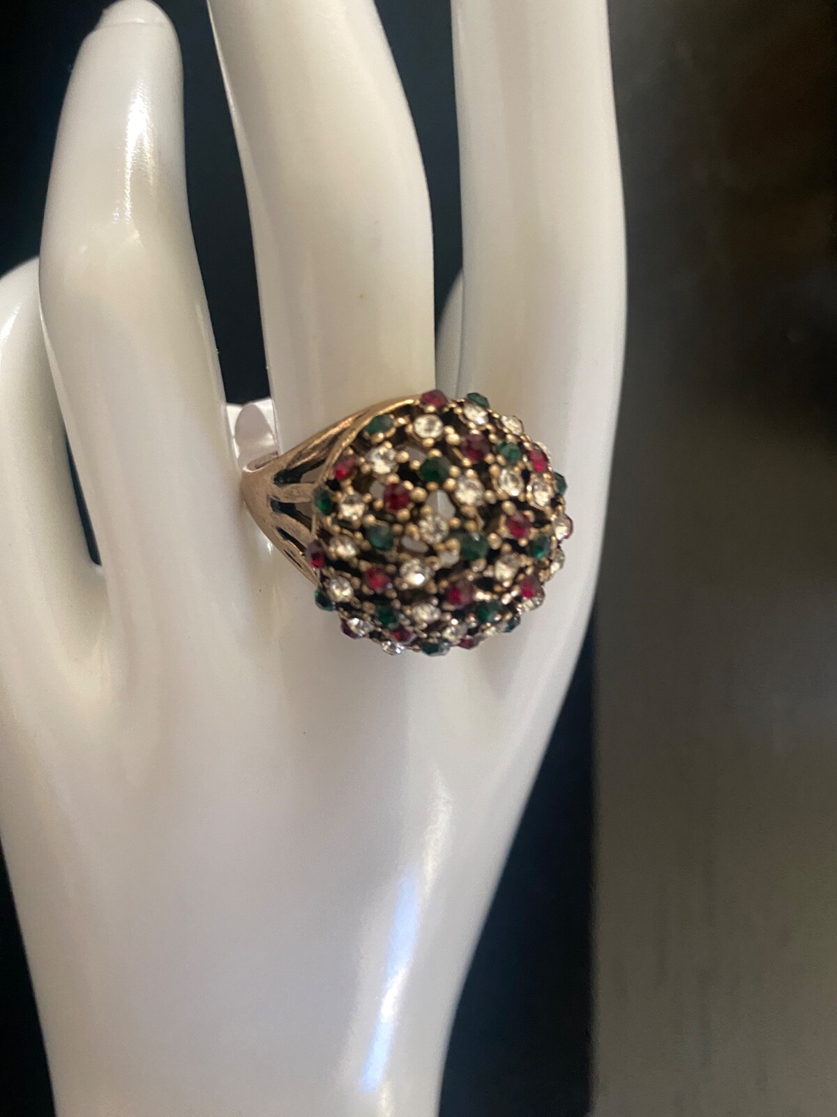 Ring Gold Tone Red Green Rhinestone Large statement Cocktail MCM Sz 9