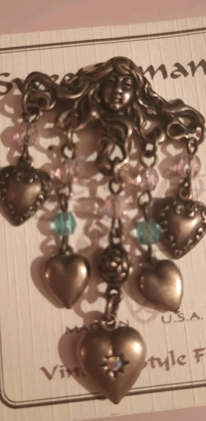 Sweet Romance Vintage Victorian Medusa W/Dangling Beads & Heart Charms Brooch