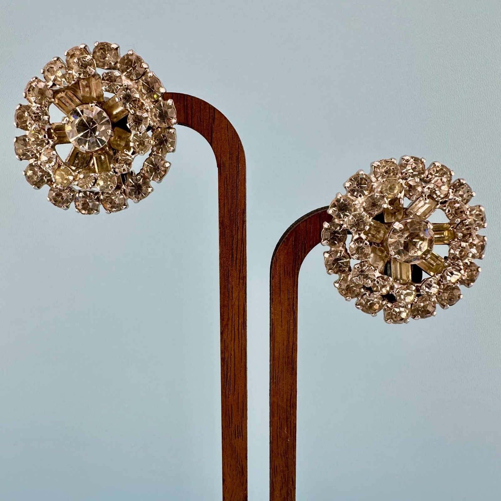 Vintage Rhinestone Earrings Silver Tone Round Cluster Baguette Prong Set Clip On