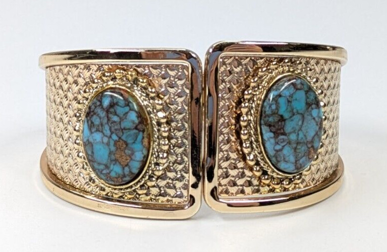 Vintage Faux Turquoise Cabochon Patterned Gold Tone Hinged Clamper Bracelet