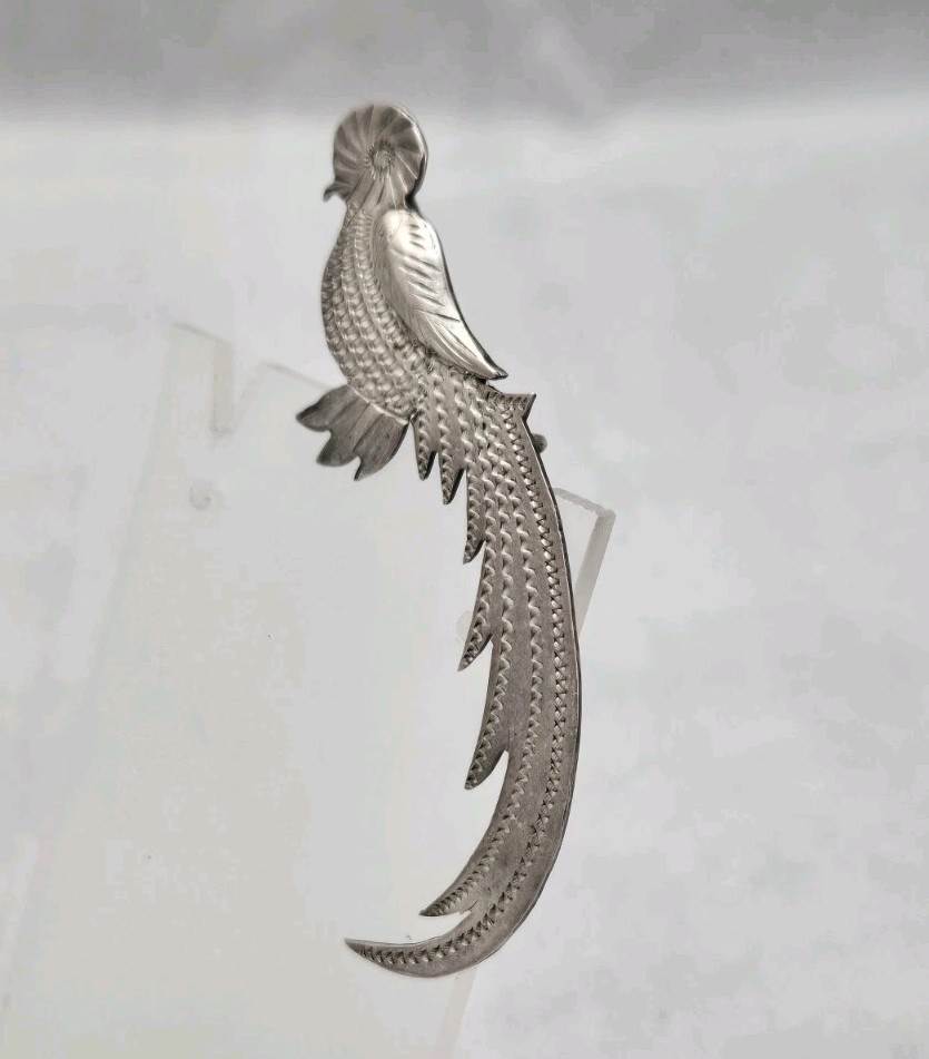 Quetzal Bird Figural 900 Silver Detailed Signed Guatemala Vintage Pin Brooch