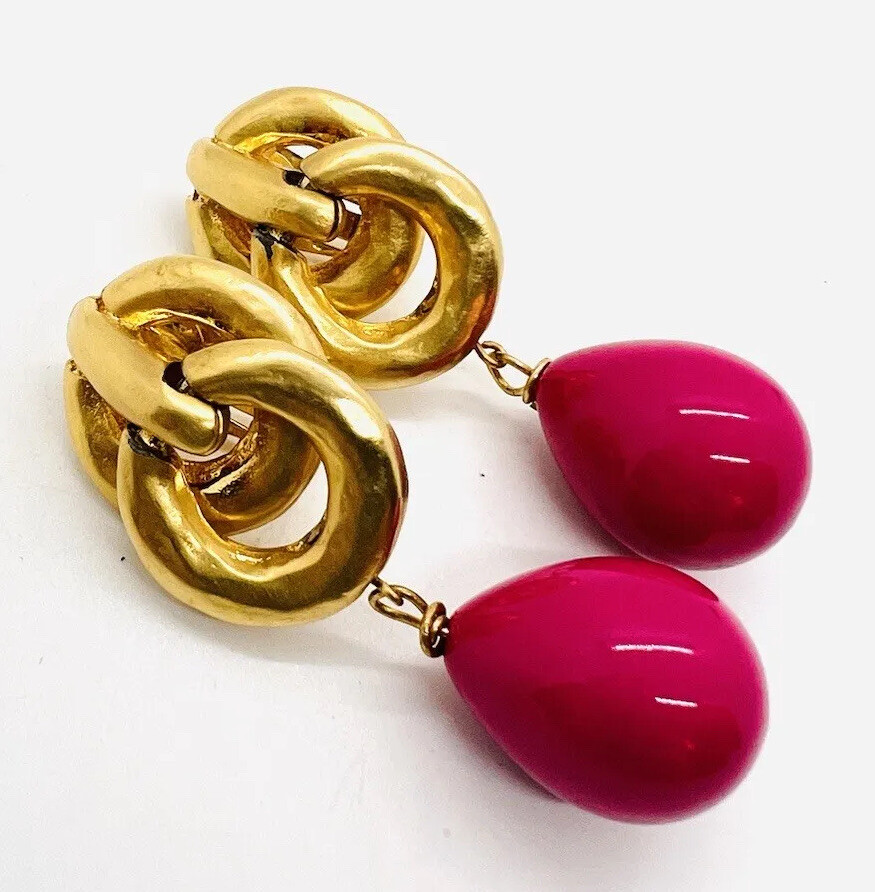 Large LES BERNARD Bright Pink Beaded Drop Dangle Earrings Signed Vintage Jewelry