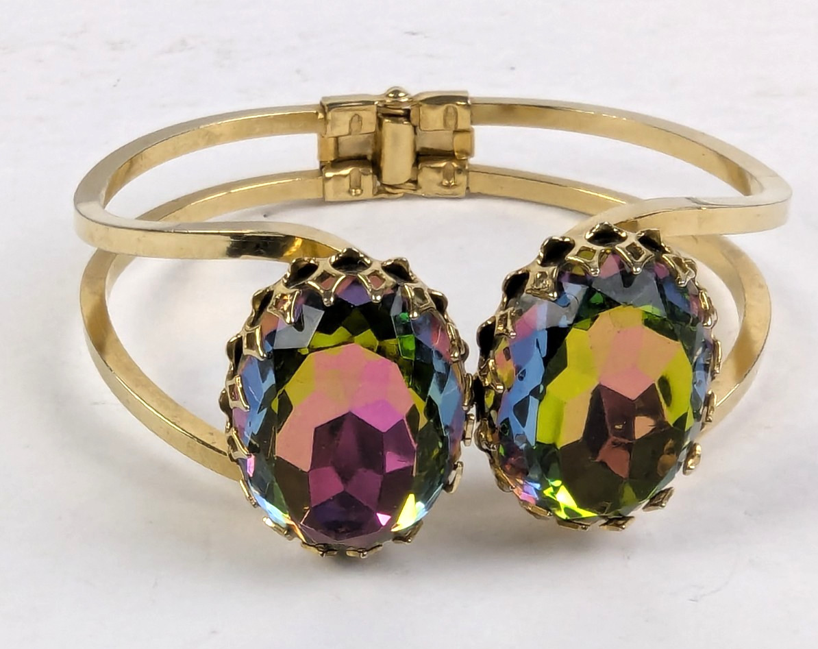 Estate Vintage Large Watermelon Heliotrope Crystals Clamper Bracelet Unsigned