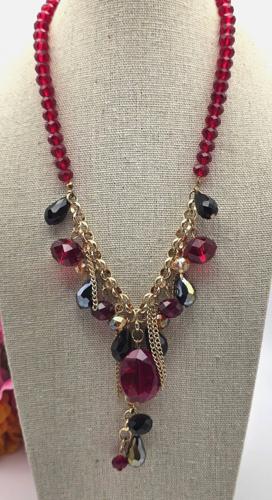 Vintage Red Black Crystal Fringe Necklace Gold Tone Faceted Bead Bib 20 In
