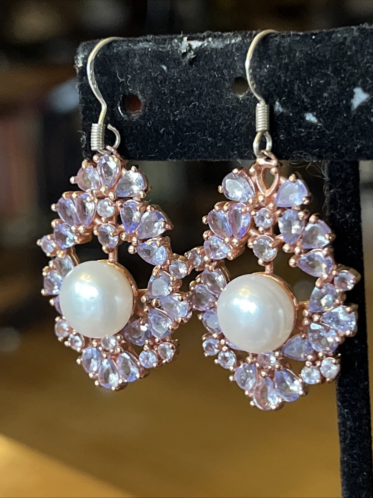 Vintage Tanzanite Real Pearl Dangle Drop Earrings 925 Wire Pierced 1.75” Classic