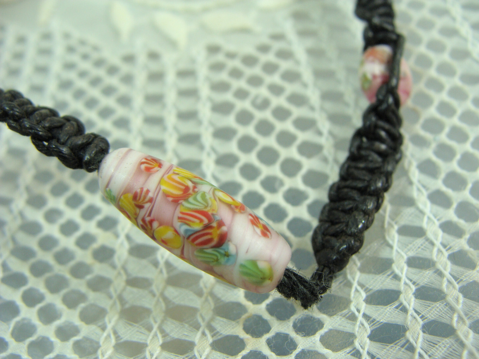 Vtg Millefiori Glass Bead Faux Pearl Hemp Macrame Bohemian Hippy Choker Necklace