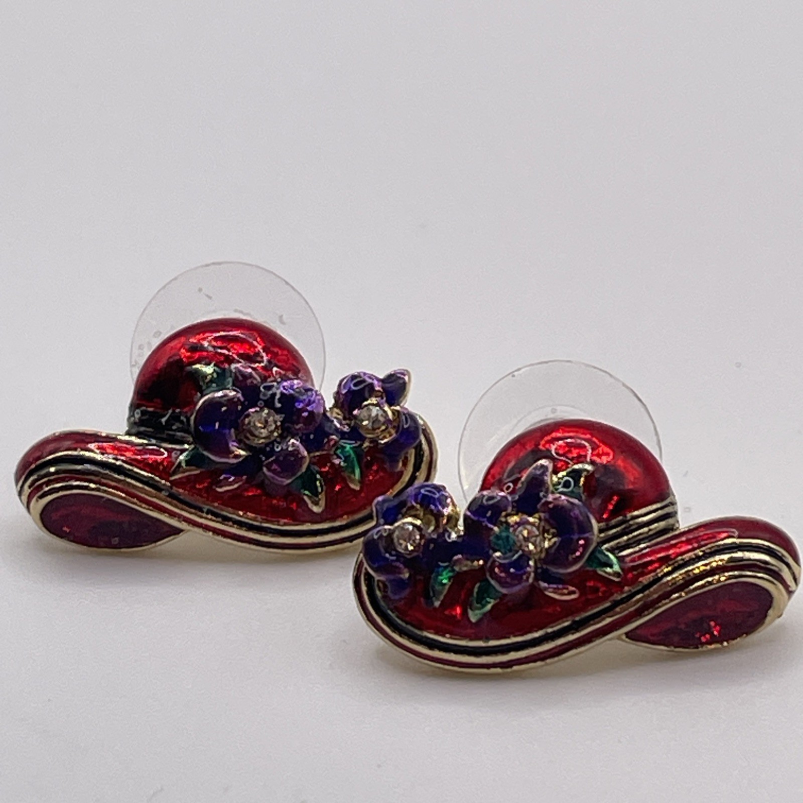 Earrings Vintage Red Hat Rhinestones Metal Gold Tone Stud Pierced Jewelry