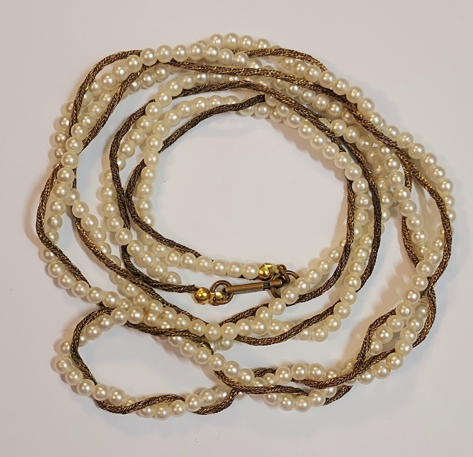 Miriam Haskell Vintage Necklace Faux Pearl Wheat Chain Bronze Tone Signed 34″