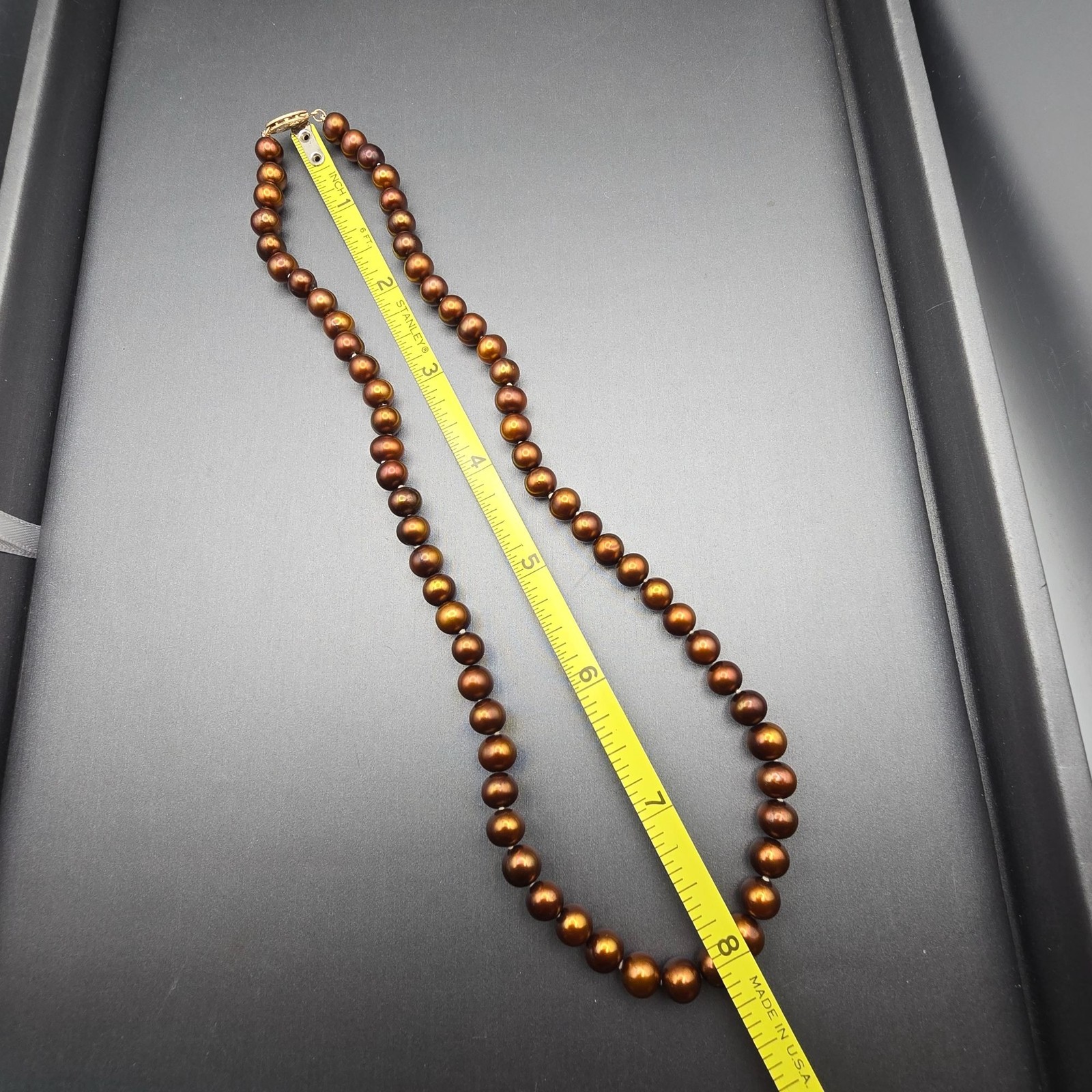 Vintage Bronze Cultured Pearl Necklace 10K Yellow Gold Clasp Hand Knotted 16″