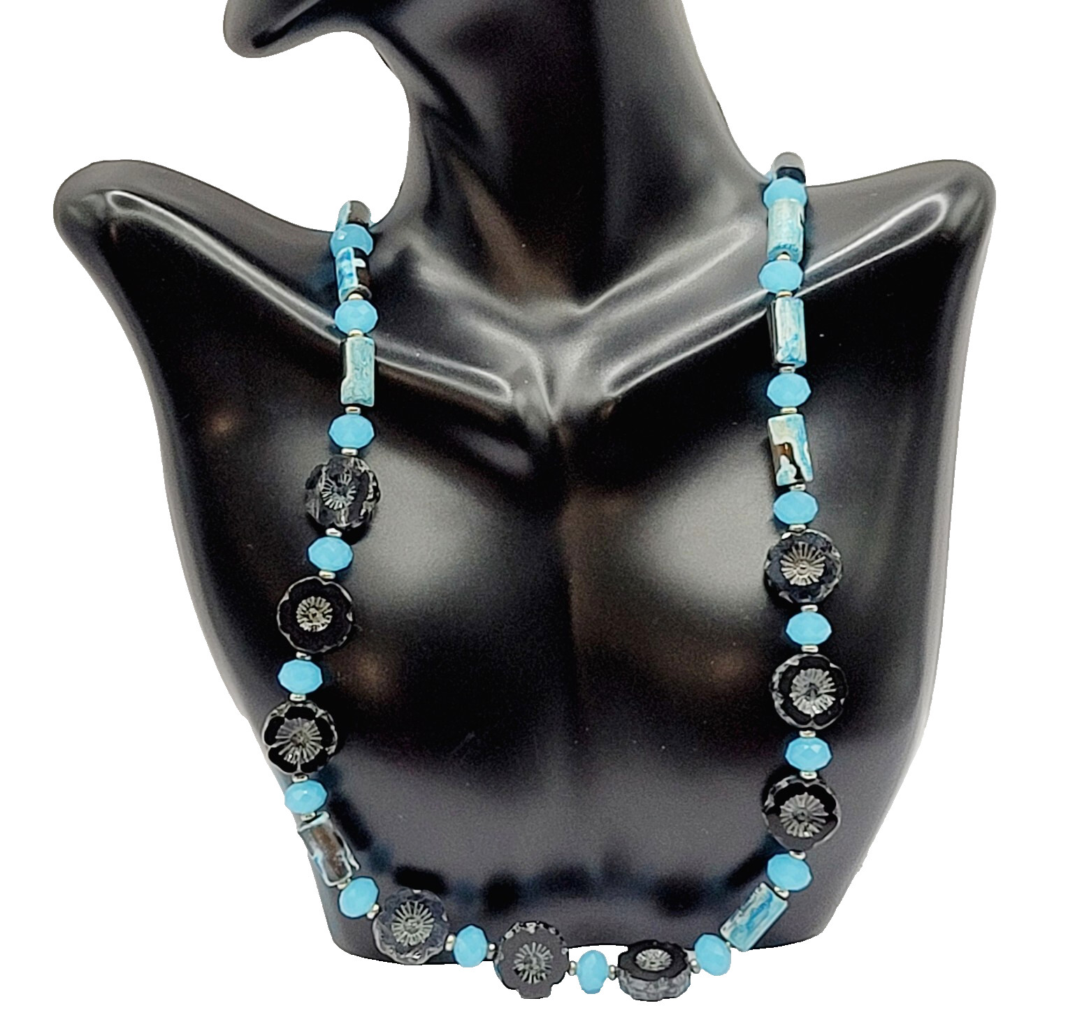 Black Glass Rosette with Chalcedony and Colorful Agate Silver Tone Vtg Necklace