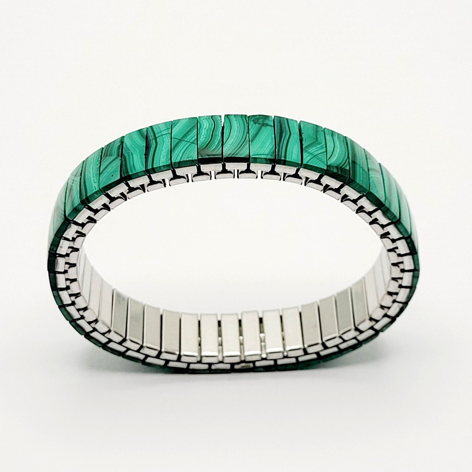 Malachite Stone Green Veneer Panel Stainless Steel Expanding Vintage Bracelet