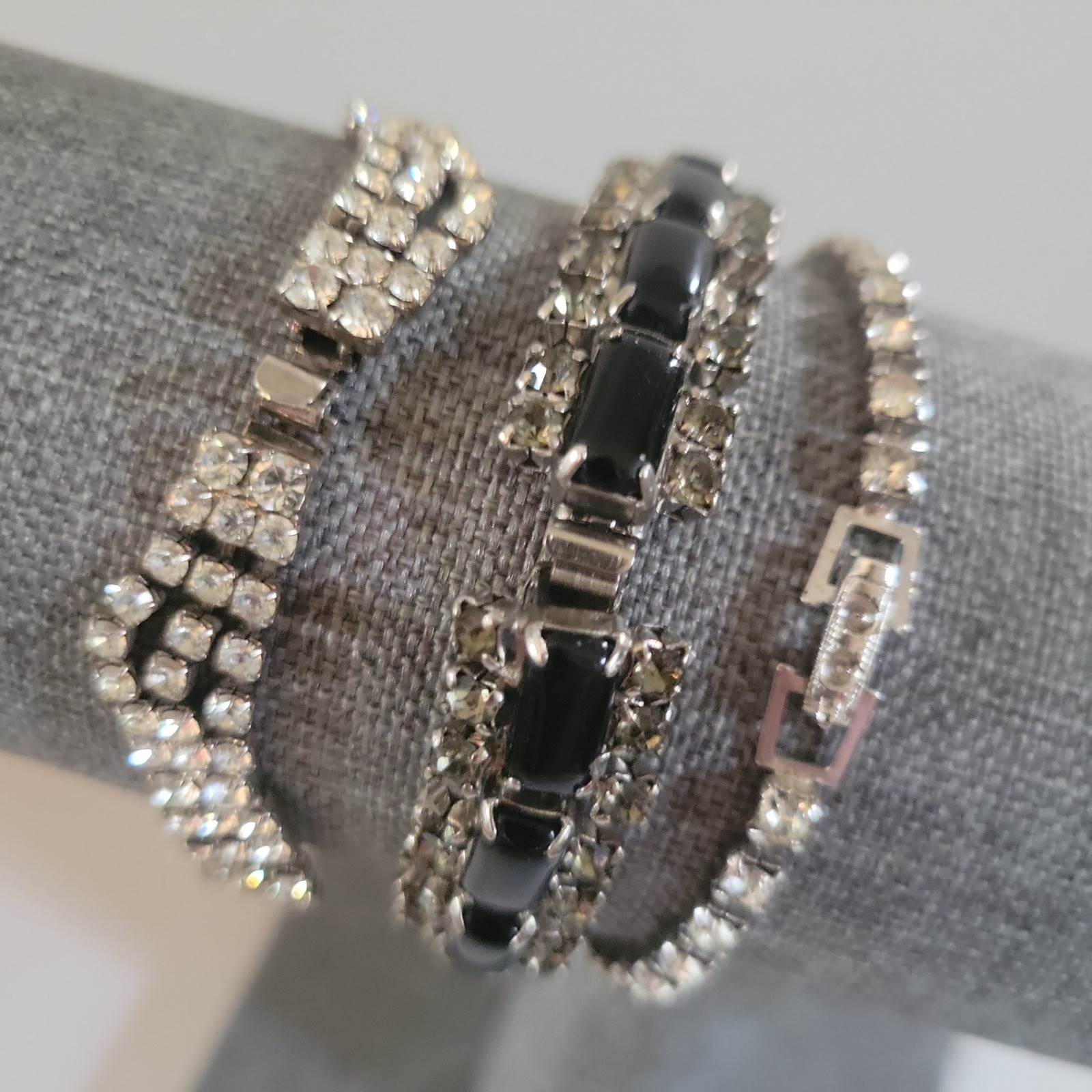 Vintage Rhinestone and Black Stone Bracelet Set 3pc Size 6.5-7.25″ Goth