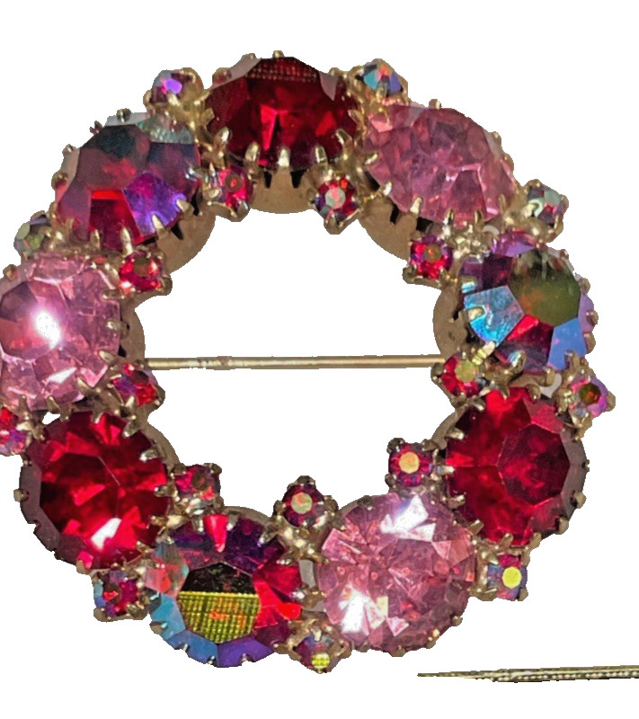 Vintage WEISS Brooch Pink Fuchsia Ruby Red Aurora Borealis Rhinestone Signed