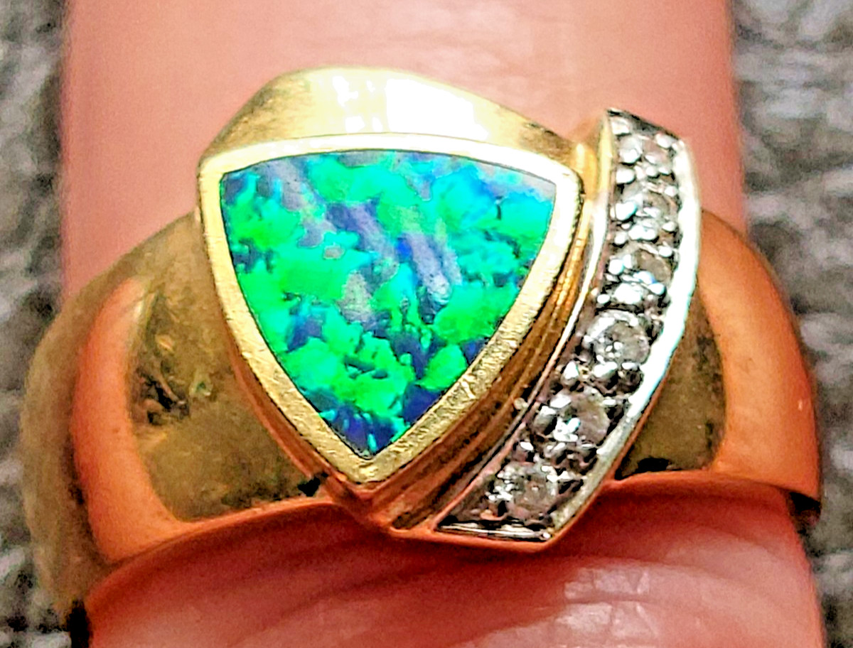 VTG Bogarz 14k YELLOW GOLD TRILLION Cut BOULDER OPAL – Ring SZ 7 5.21g BZ