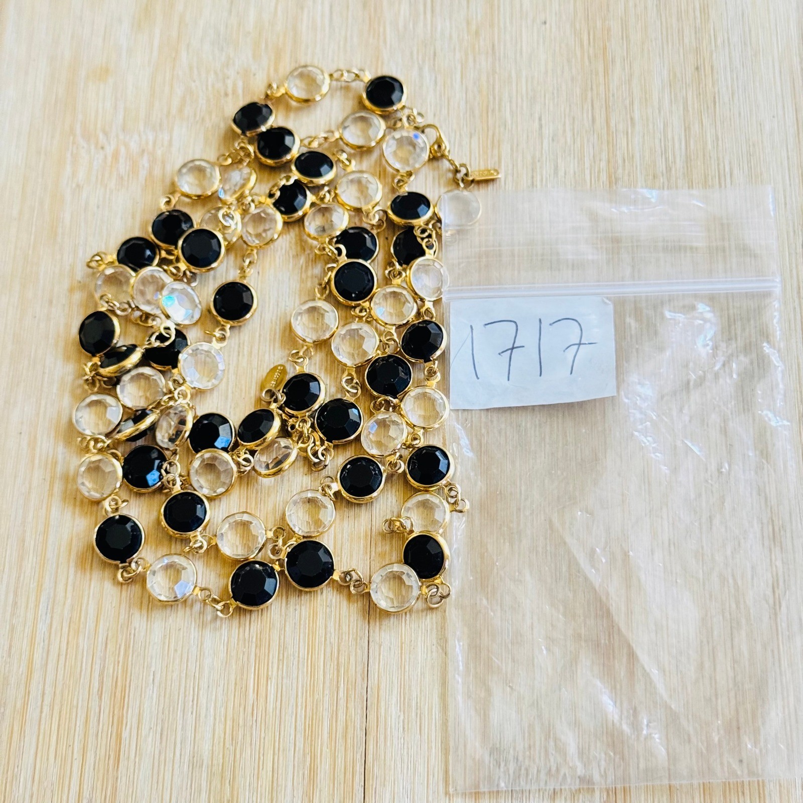VTG Monet Open Bezel Crystal Necklace Gold Plated Strand Elegant Black Clear 43″