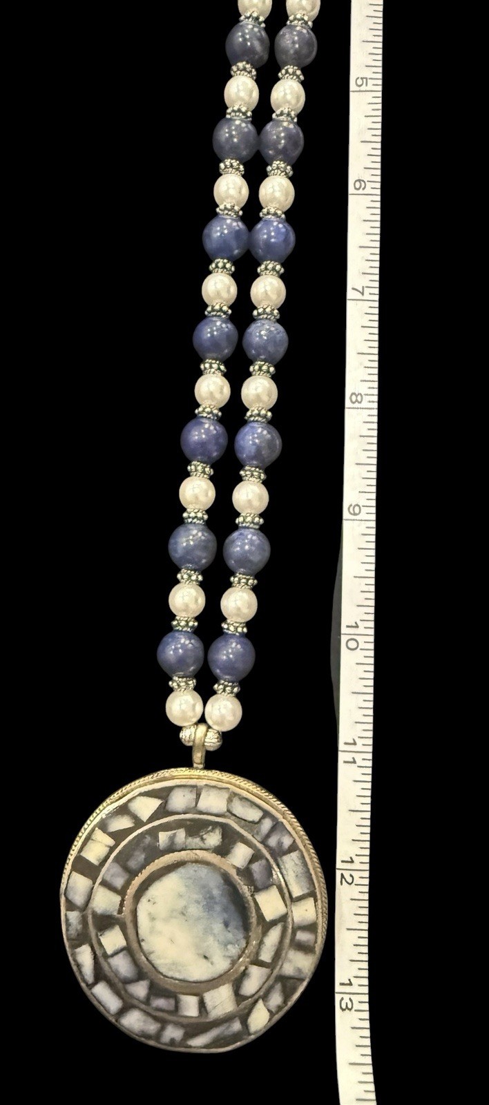Lapis Sodalite And Faux Pearl Long Beaded Statement Pendant Necklace