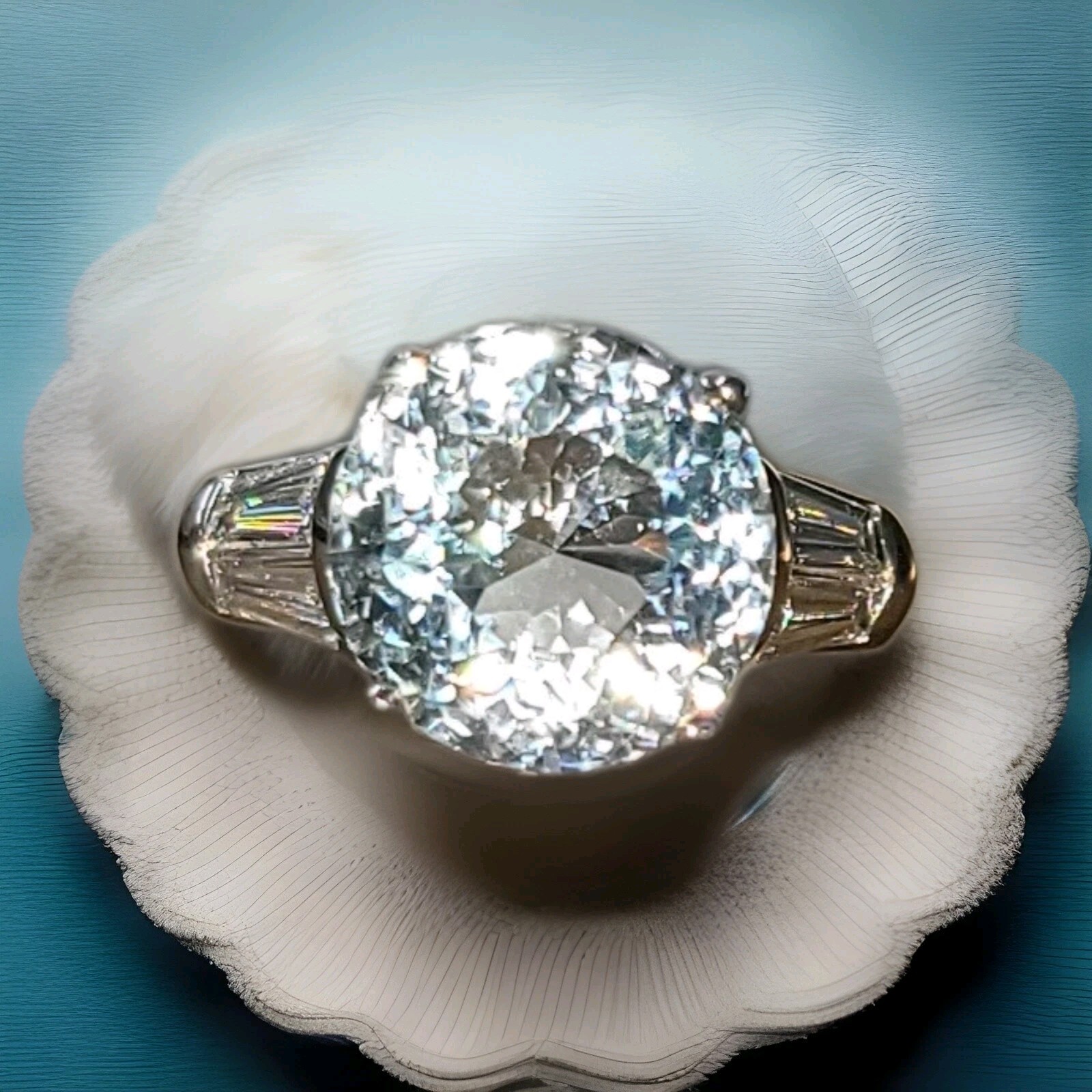 Vintage Platinum Engagement Ring 6.67ct. Natural Sky Blue Aquamarine Round Cut