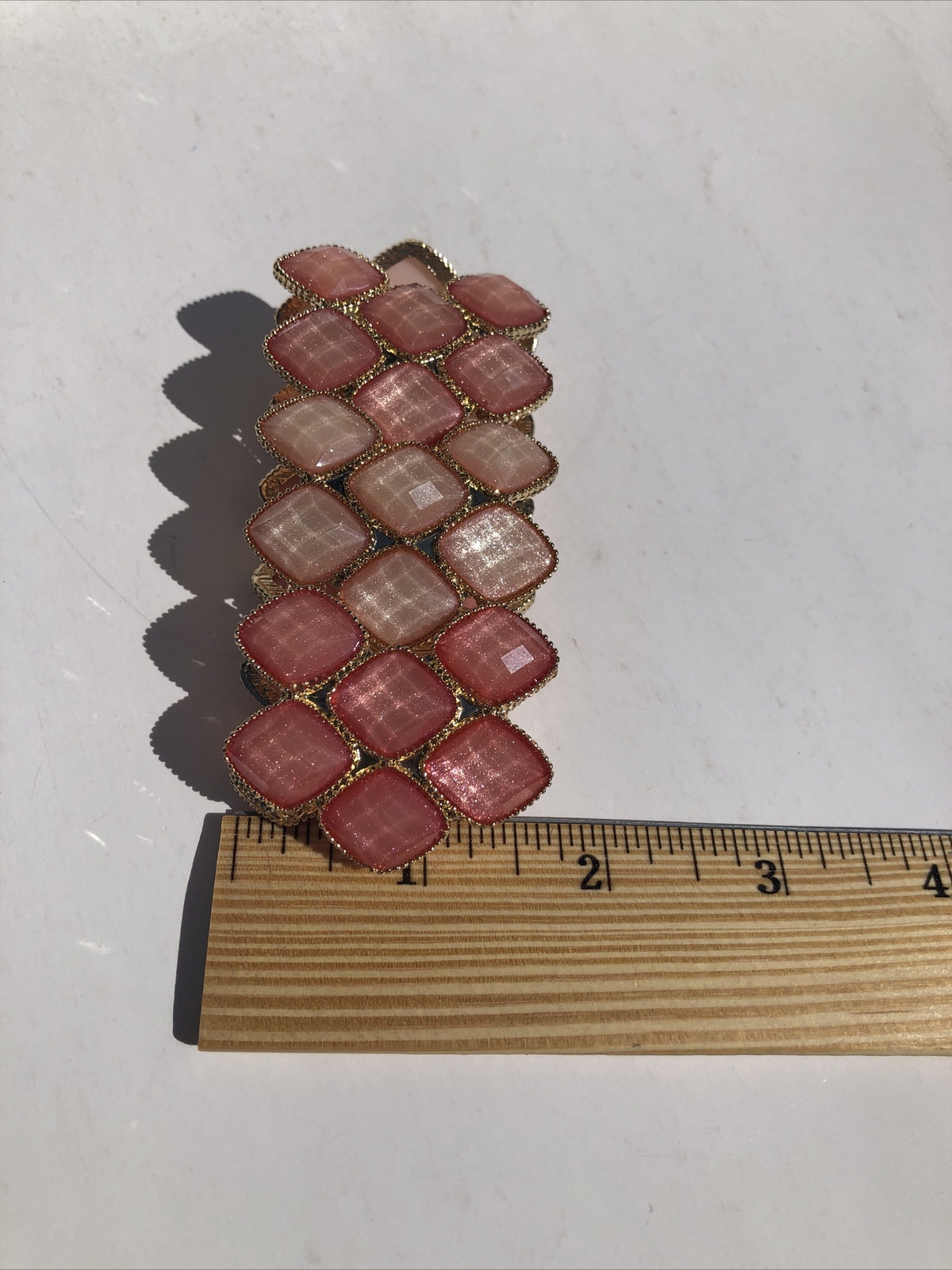 Pink Stone Stretch Cuff Bracelet Gold Tone Statement Piece Costume Jewelry
