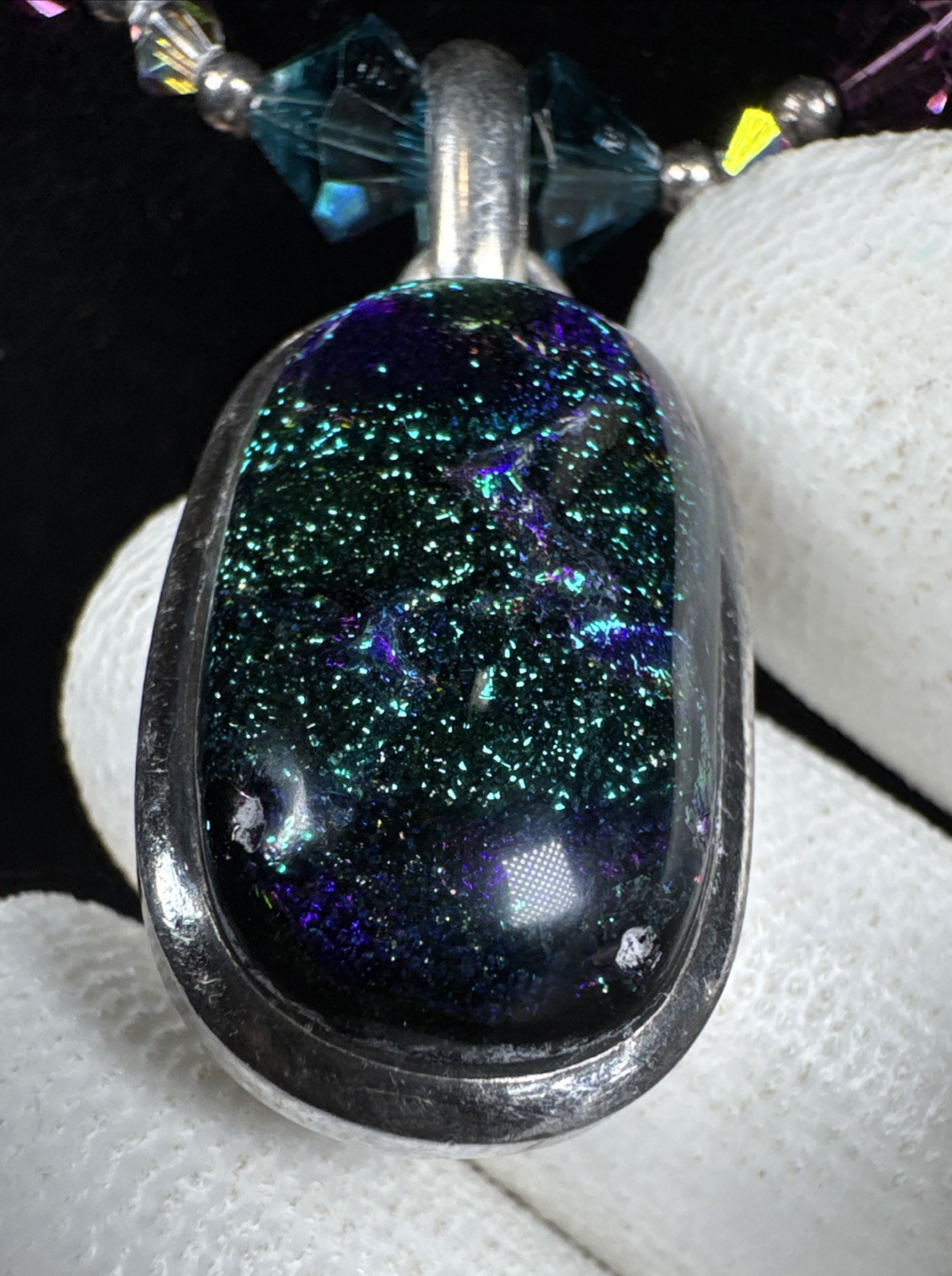 ✨Vintage Dichroic Glass 925 Sterling Silver Beaded Necklace 18” Toggle Closure