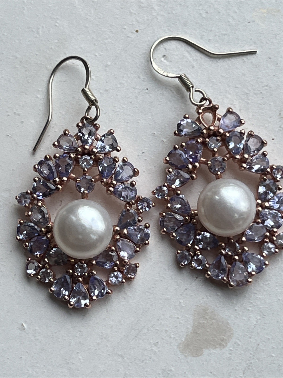 Vintage Tanzanite Real Pearl Dangle Drop Earrings 925 Wire Pierced 1.75” Classic
