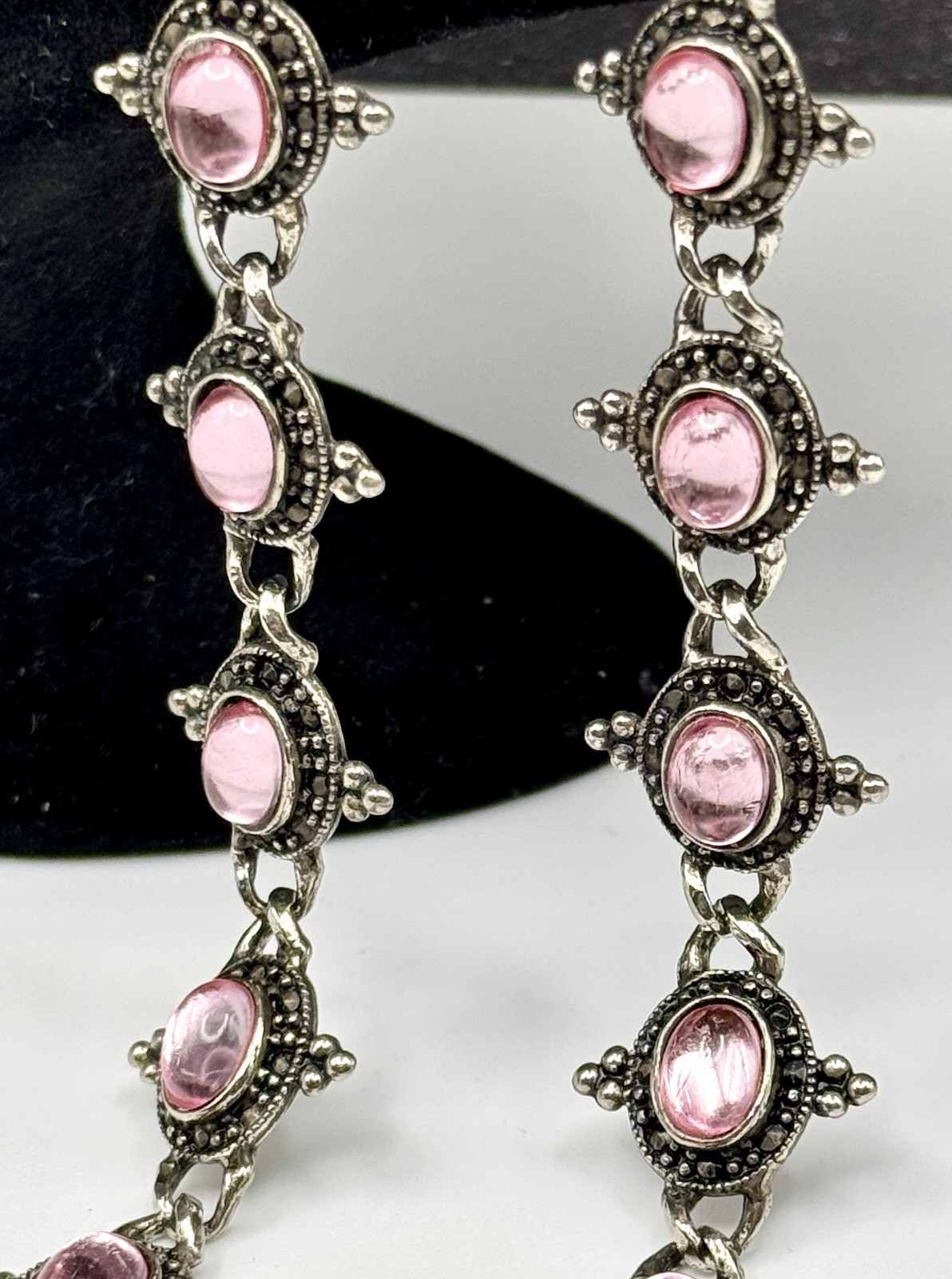 Vintage Silver Beaded & Marcasite Collar Necklace, Bezel Set With Pink Cabochons