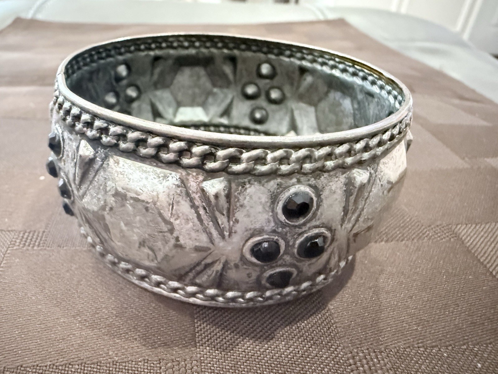 Vintage Wide Silvertone Tribal BangleBracelet with Black Stones