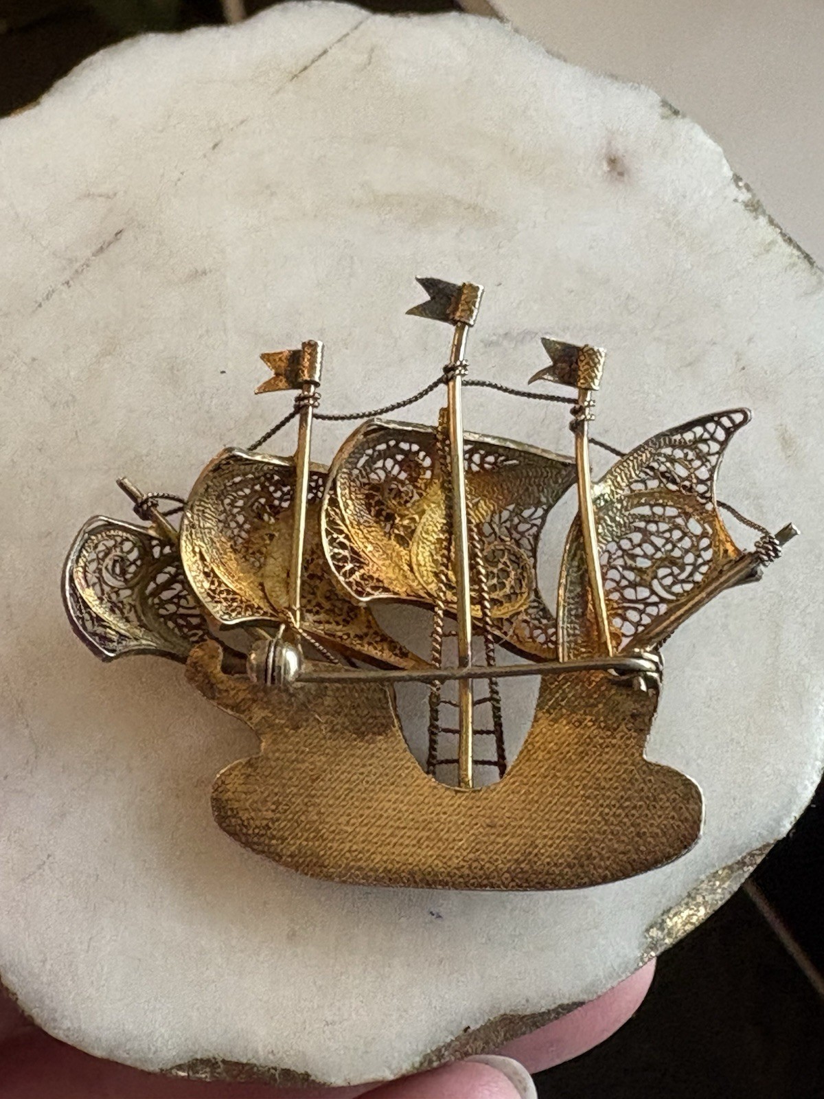 vintage gold-tone Portugal sailing ship brooch Pin filigree blue enamel letters