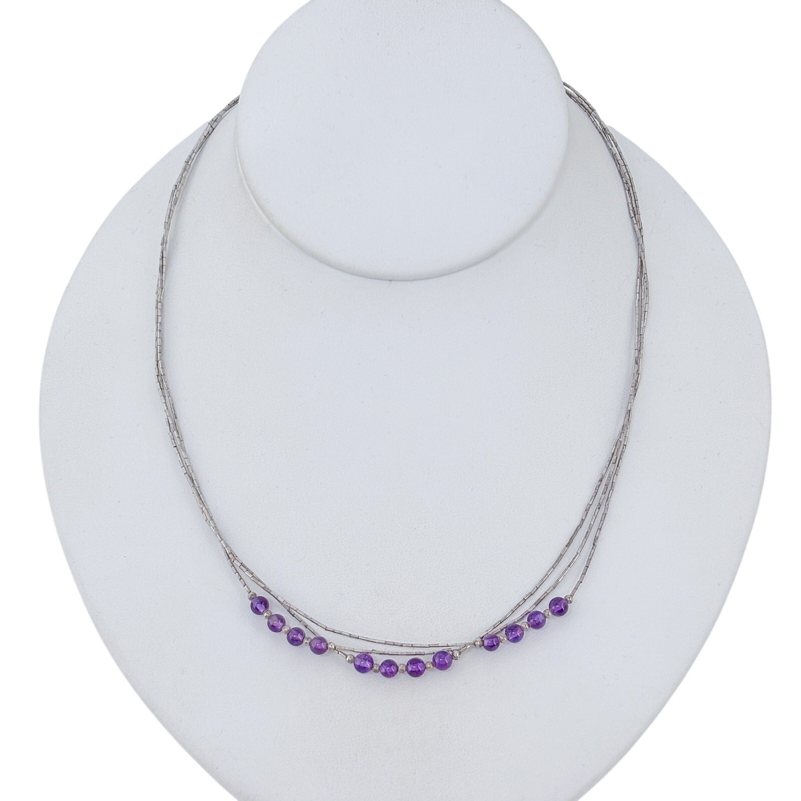 Vintage Sterling Silver 925 Liquid Silver Amethyst Bead Necklace 18″