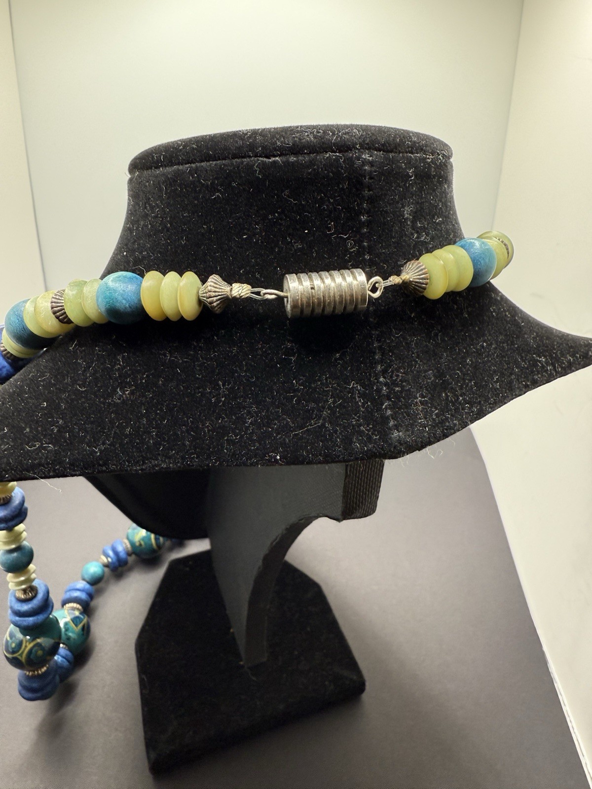Vintage Beaded Necklace Teal Blue Ceramic Wood Barrel Closure 28” Handcrafted