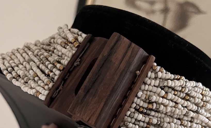 Vintage Multi Layered Ivory Gold Glass Seed Beaded Wood Hook Clasp Boho Necklace