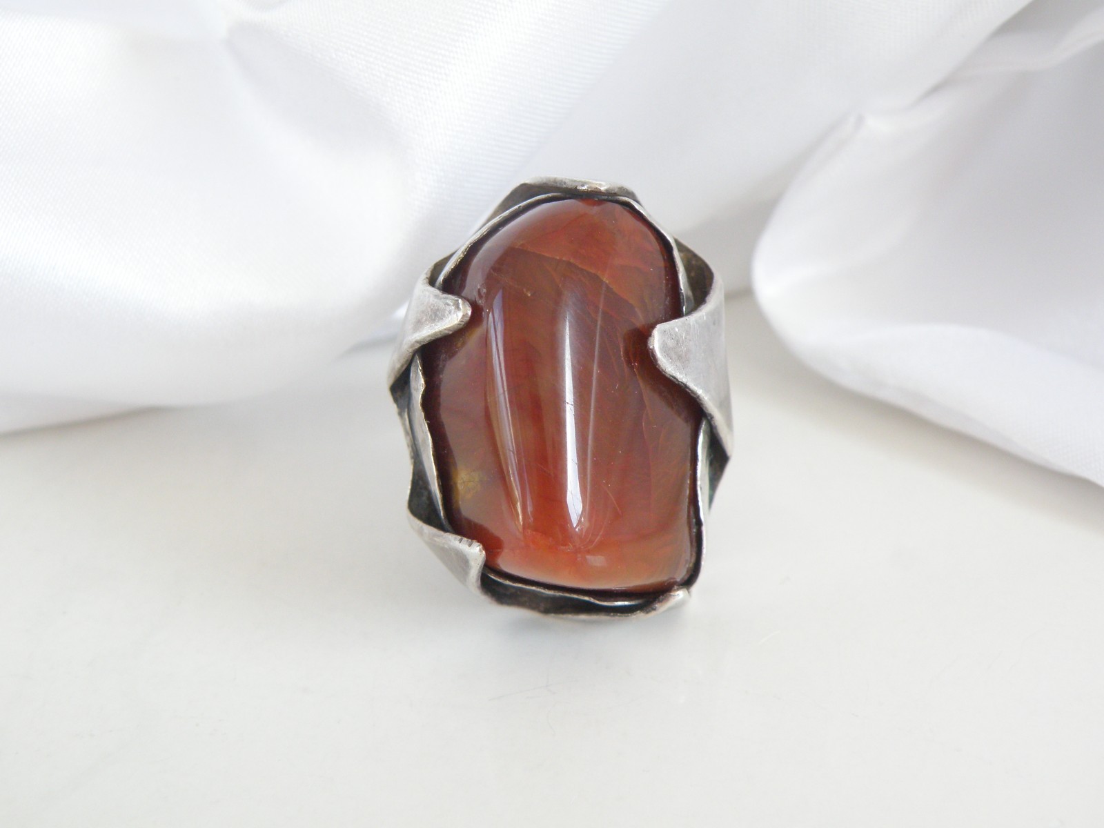 Vintage Sterling Silver 925 Banded Agate Brutalist Modernist Statement Ring 7
