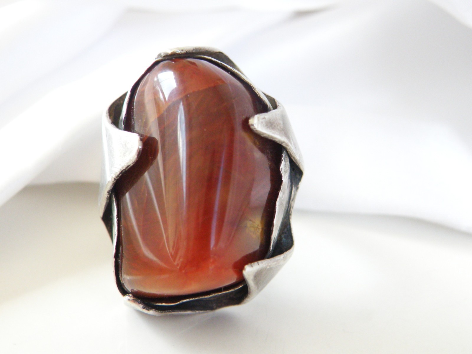 Vintage Sterling Silver 925 Banded Agate Brutalist Modernist Statement Ring 7