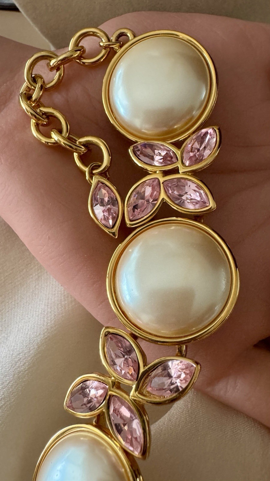 Vintage Monet Runway Necklace Faux Pearls Pink Crystal Gold Tone Statement