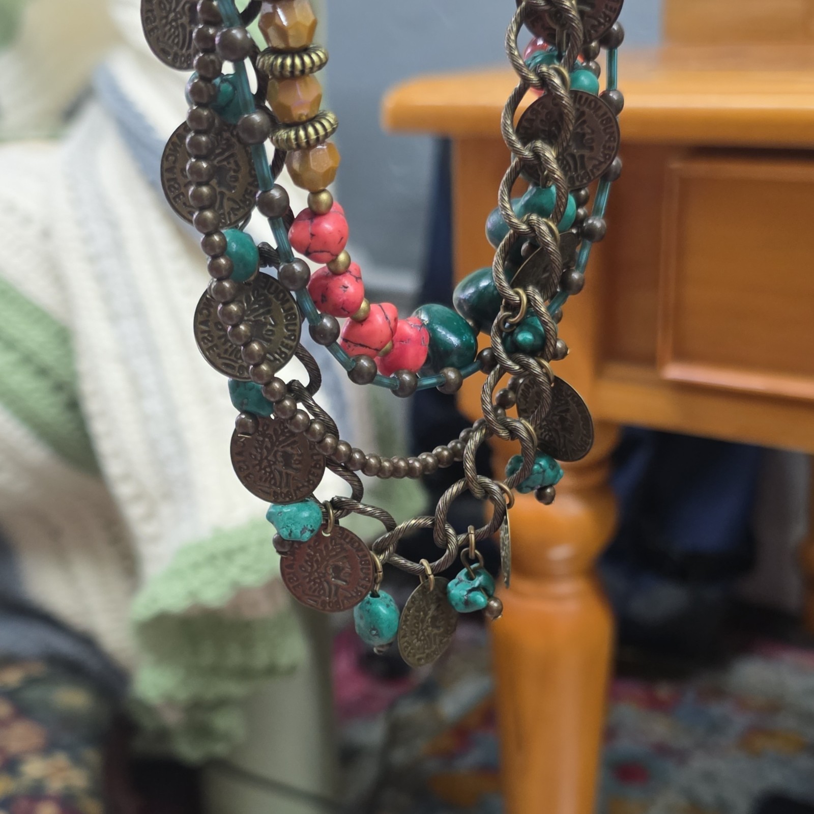 Vintage Multi-Strand Bohemian Statement Necklace Francaise Coin Charms Beads EUC