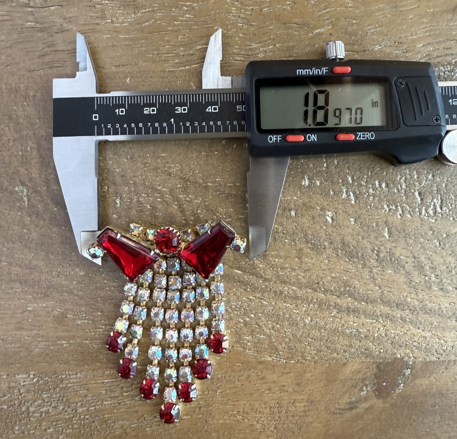 Vintage Brooch Ruby Red with AB Rhinestones Dangles