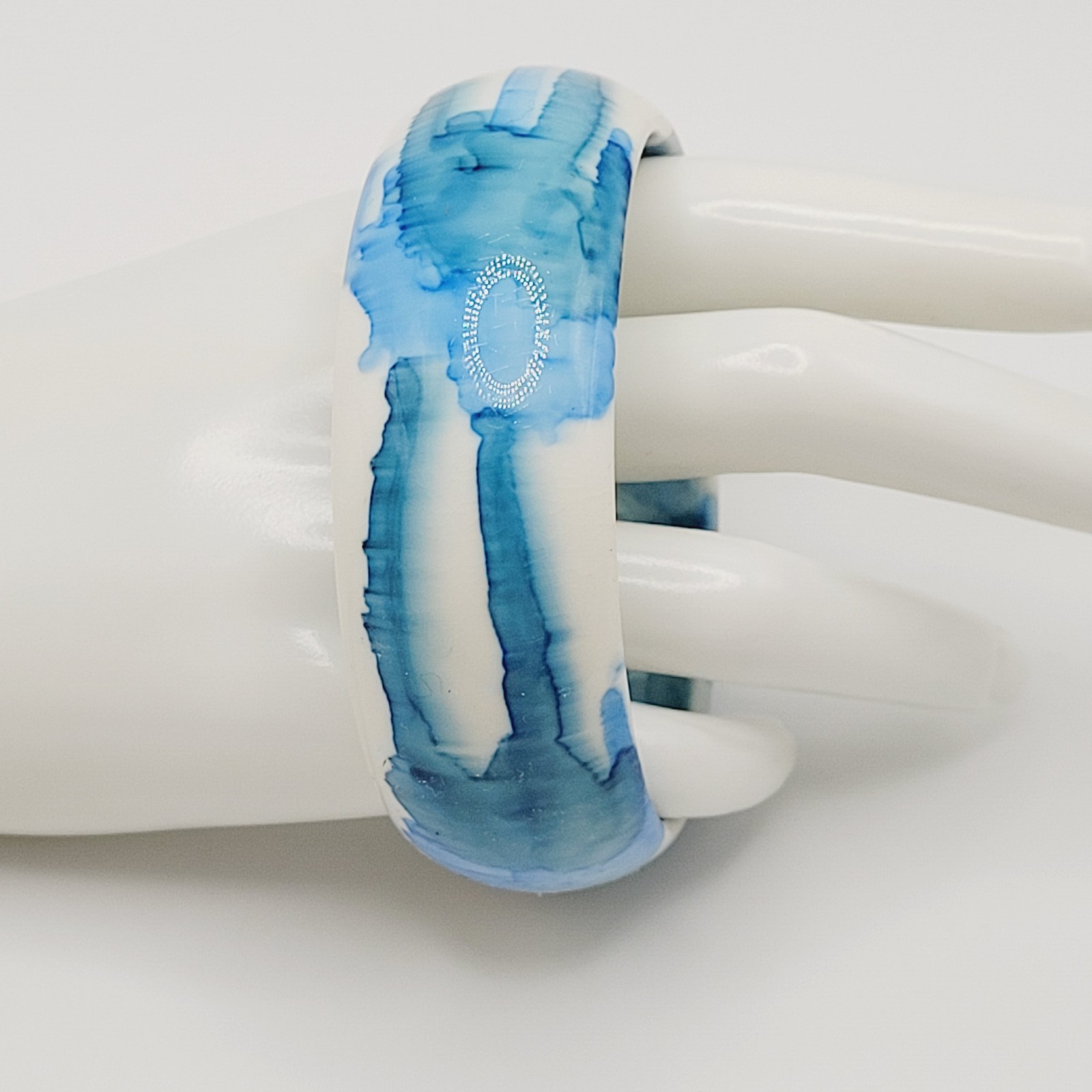 Marbled Watercolor Ink Blot Design Blue White Acrylic Chunky Bangle Bracelet
