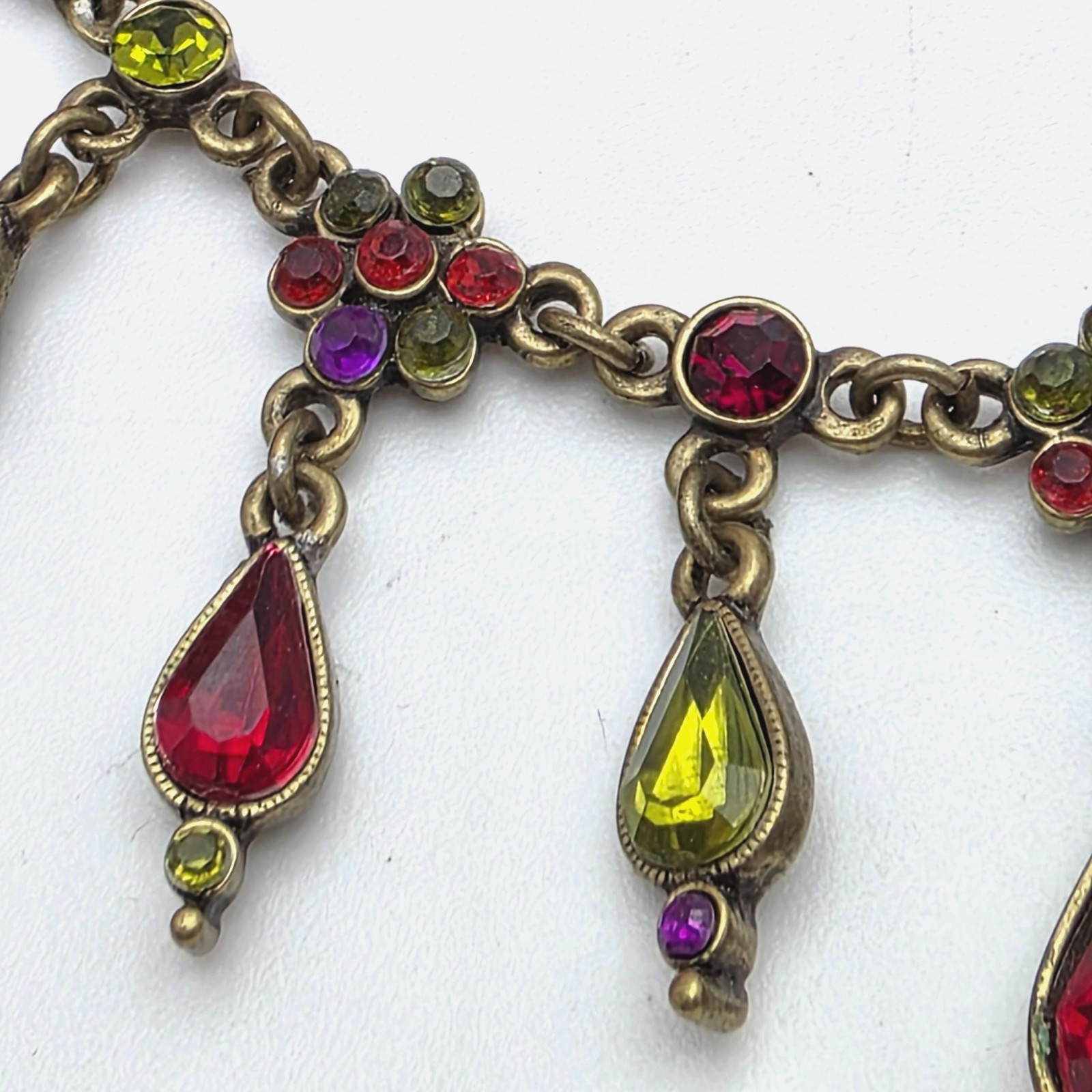 Vintage Brass Tone Multicolor Rhinestone Teardrop Fringe Necklace 19 in adj.