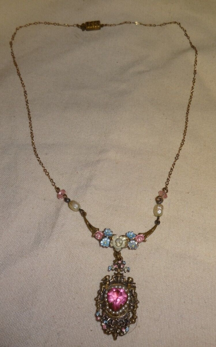 VTG Top Shelf Jewelry Dangle Rose Flower Guilloche Enamel Necklace 16″