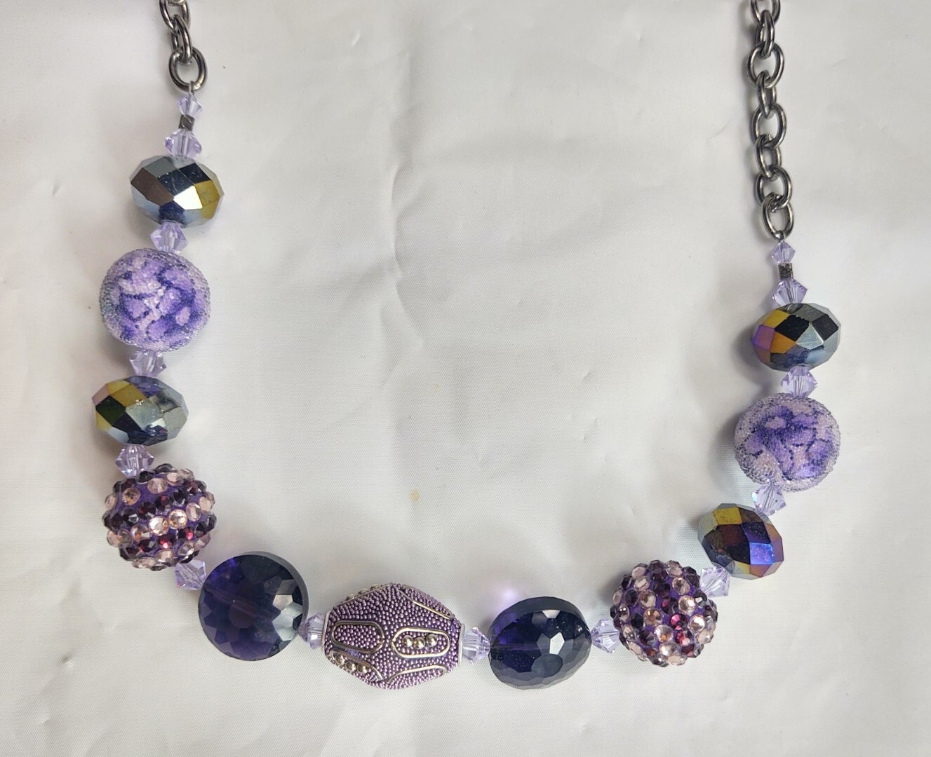 Vintage Beaded Necklace Silver Tone Purple Beads Crystals Toggle Closure Jewelry