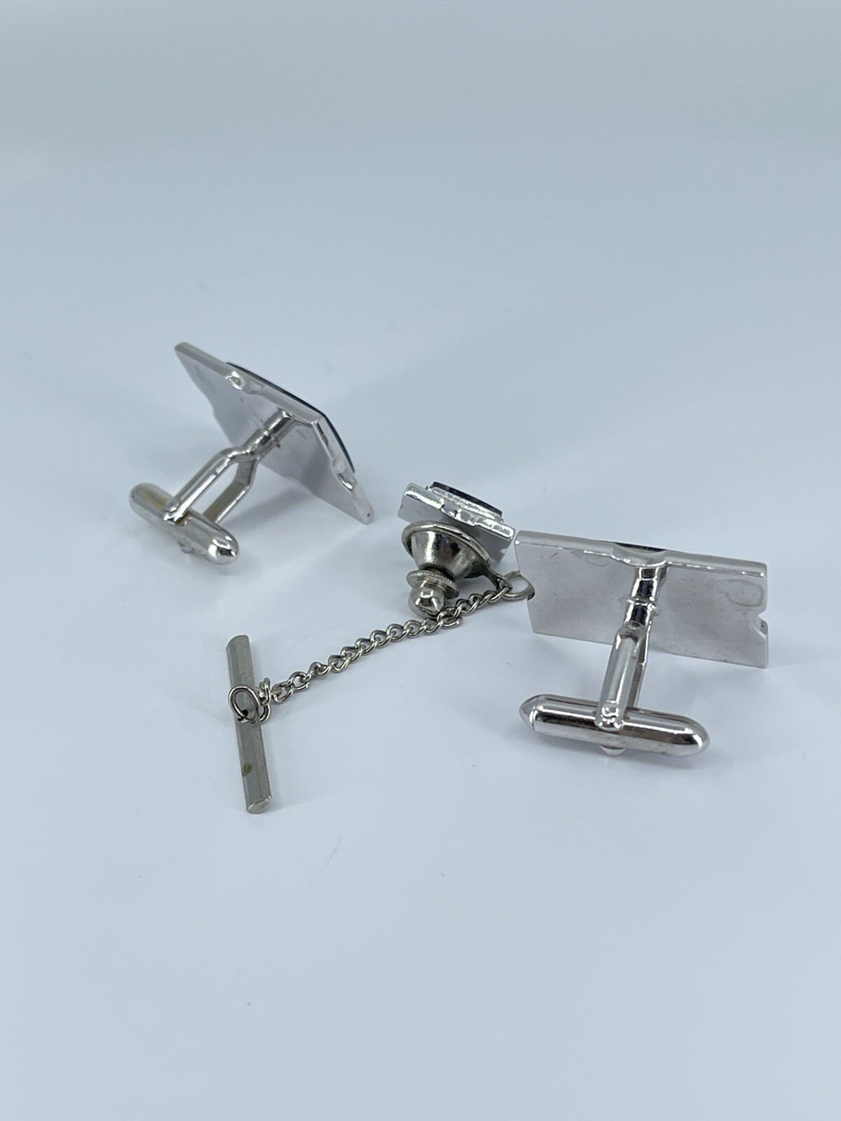 Swank Cufflink and Tie Tack set Jadeite rectangle silver tone 3/4″