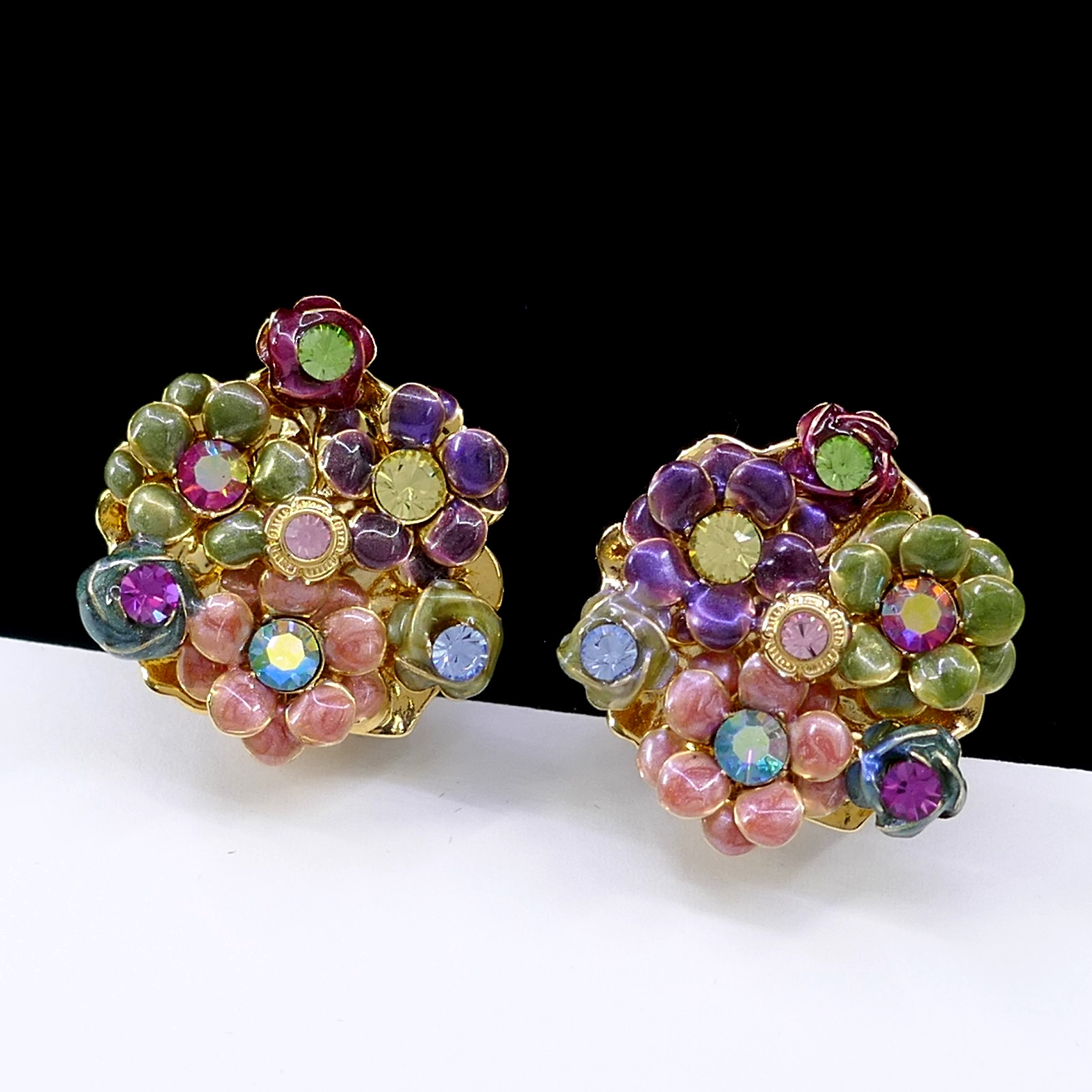KIRKS FOLLY PASTEL CRYSTAL RHINESTONE ENAMEL FLOWER CLIP-ON EARRINGS FREE SHIP
