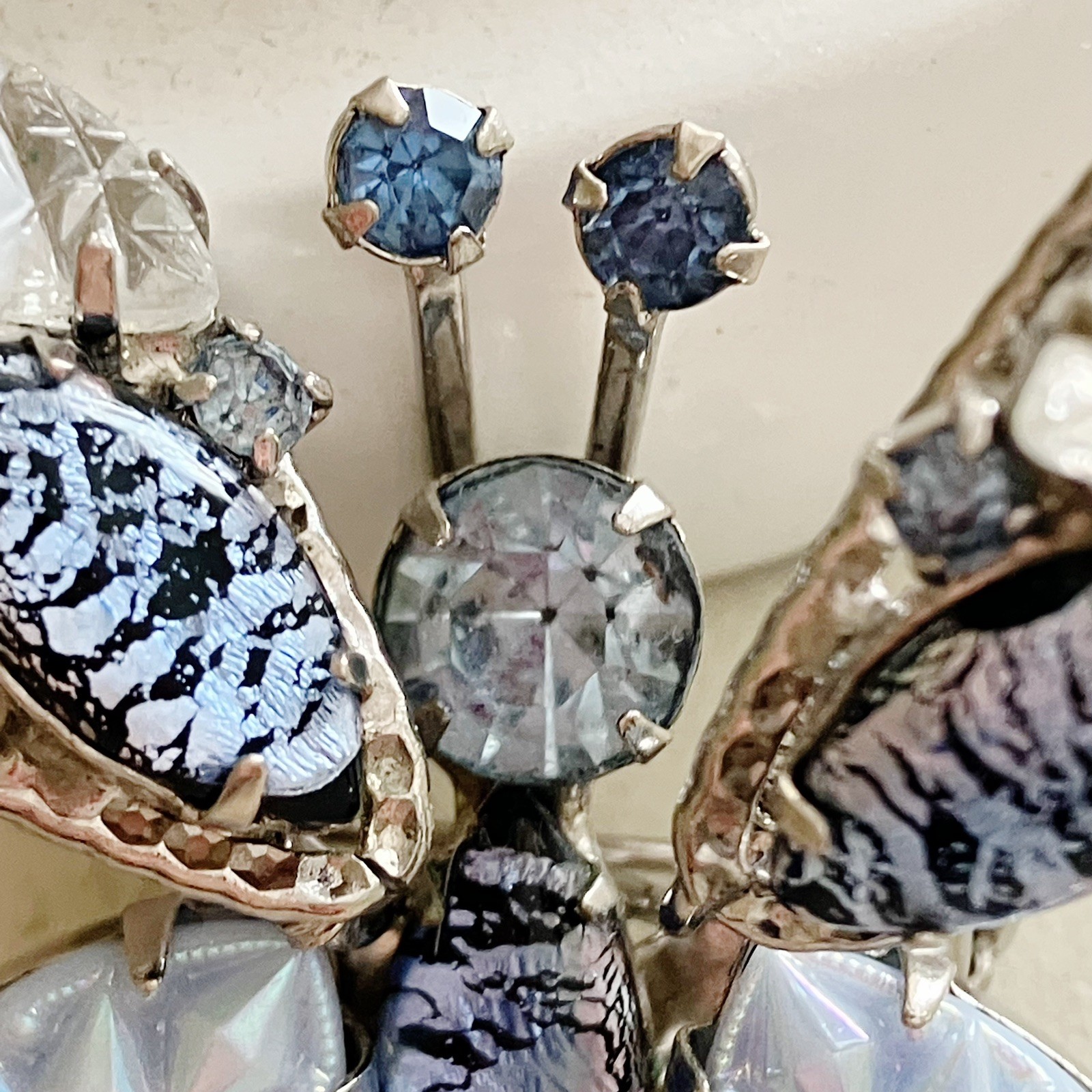 Vintage Butterfly Trembler Brooch Silver Filigree Foil Glass Stones Molded Art